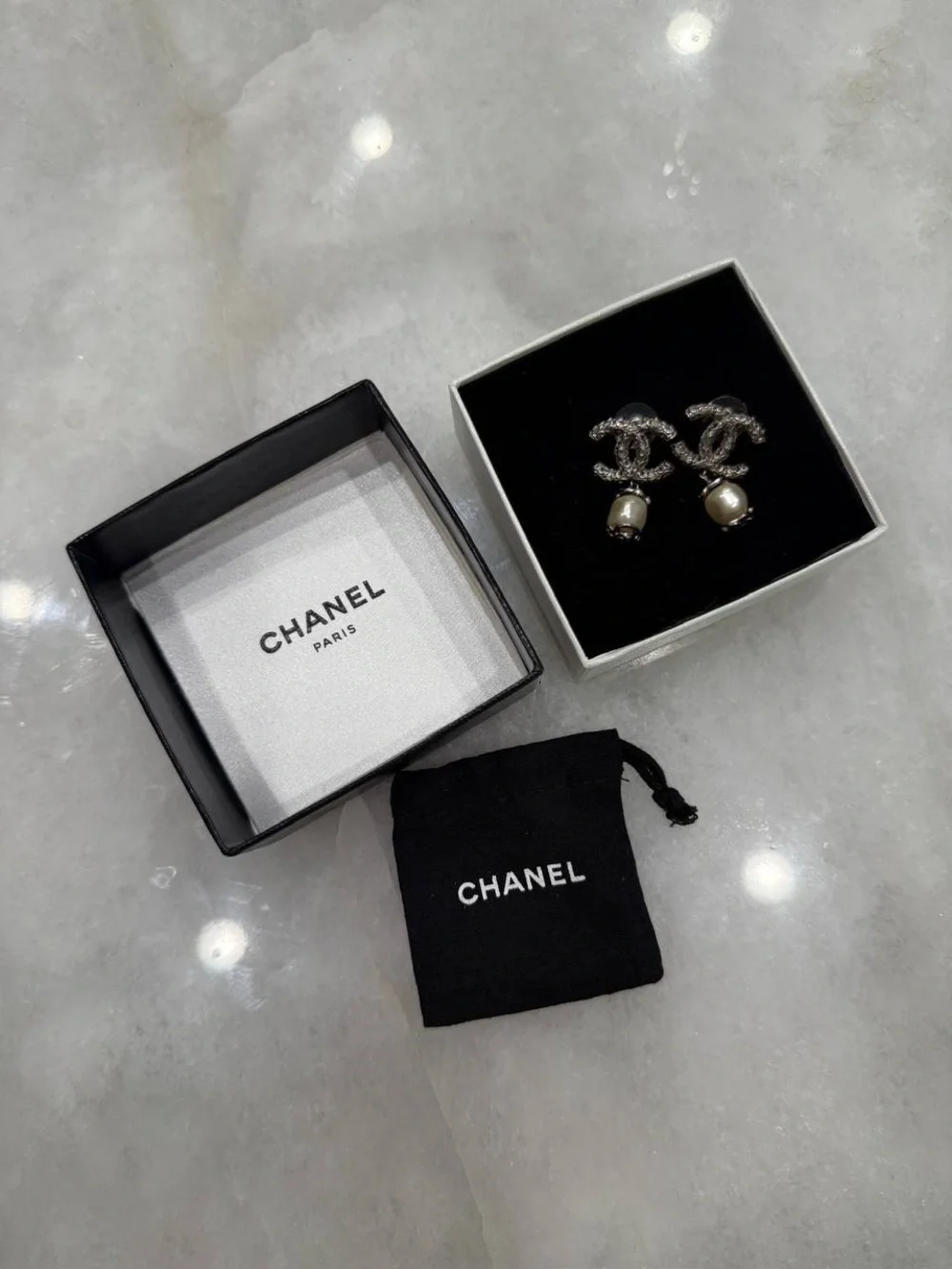 CHANEL Crystal CC Logo Pearl Drop Earrings